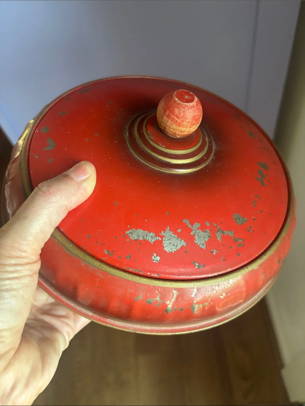 Vintage Tin red orange 1950’s 3 piece wood knob thread round metal Sewing box